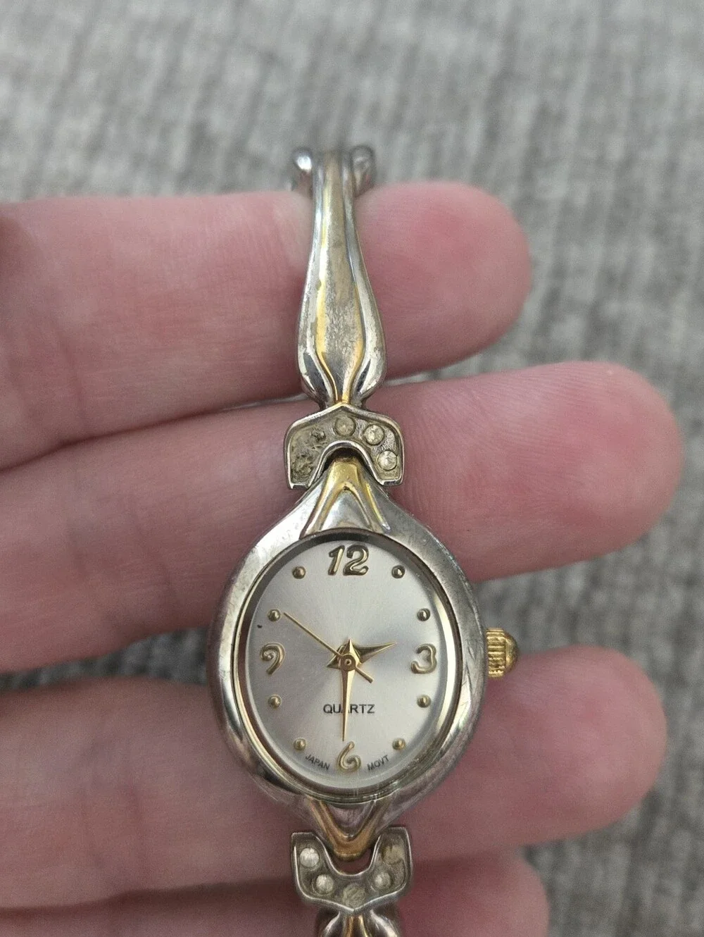 Quartz Japan MOVT Women's Silver Gold Two Tone Oval Rhinestone Accent